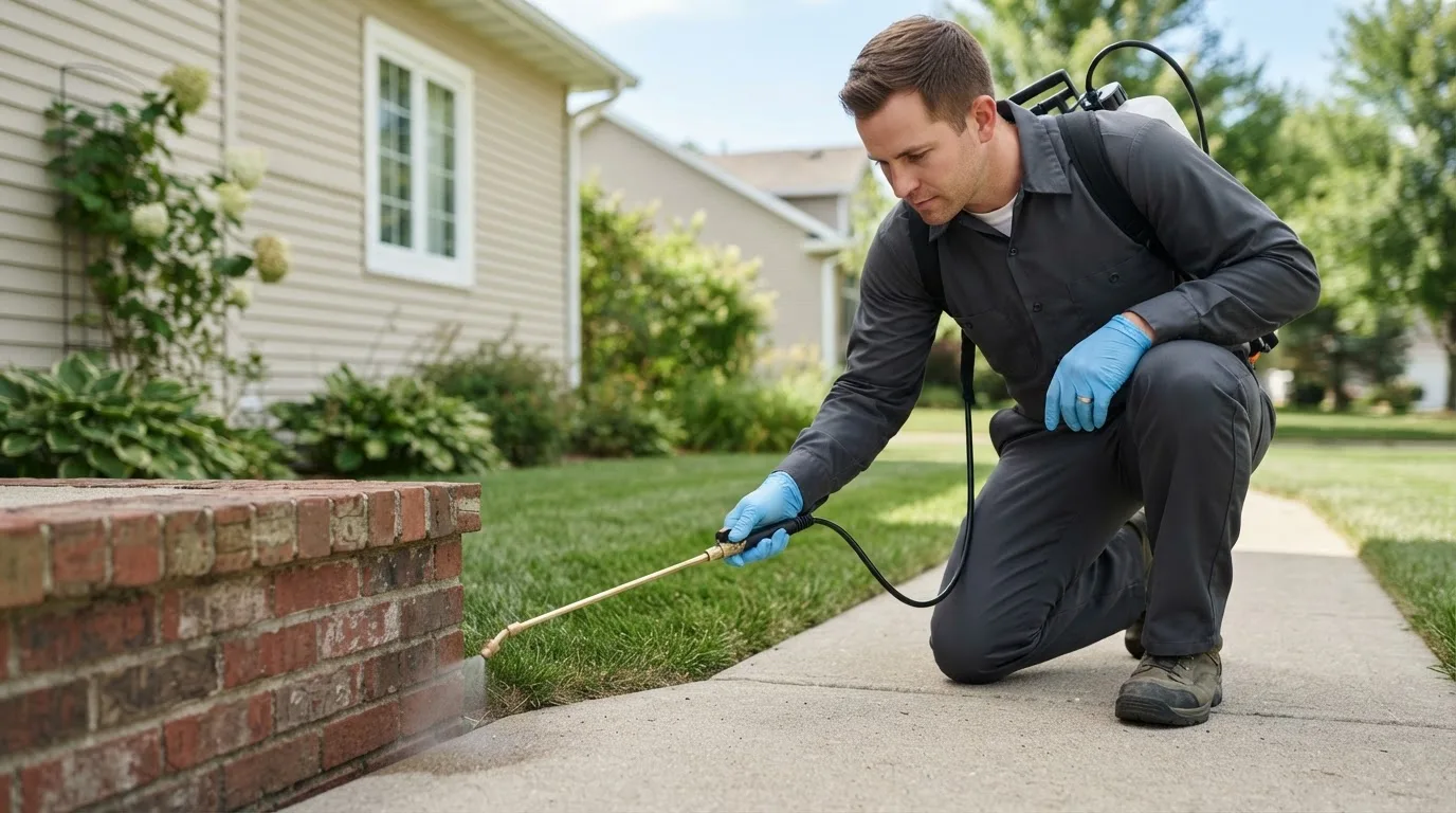 Pest control technician treating a home near Spofford, NH